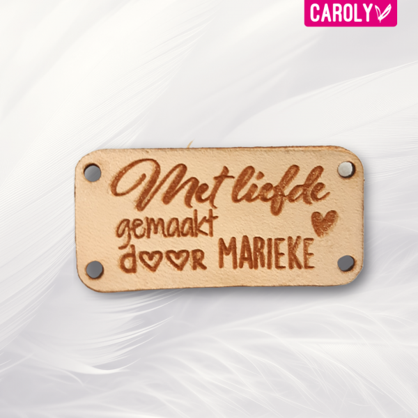 Leren label "Met liefde gemaakt door" met naam