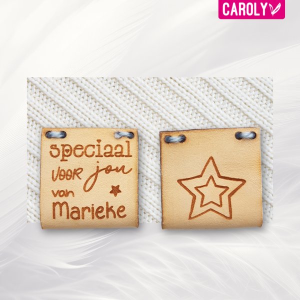 Leren label "speciaal voor jou van" met naam 30x65mm onderkant