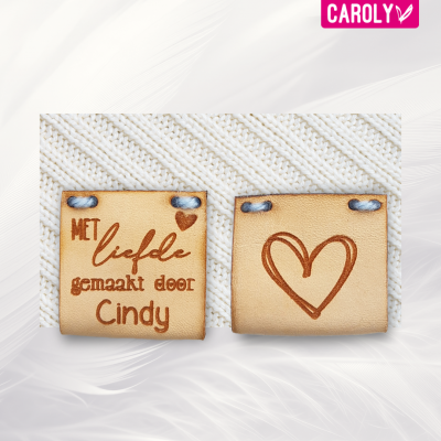 Leren label "met liefde gemaakt door" met naam 30x65mm onderkant